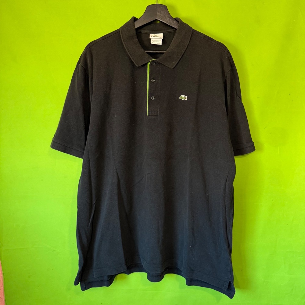 Lacoste Mens Black Pique Polo Shirt Lime Green Trim Size 8 XXL Short Sleeve